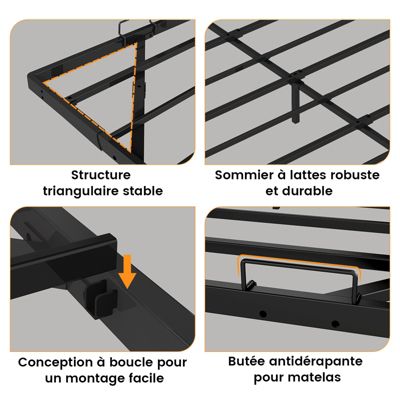 Cadre de lit en métal avec LED et Prises, lit Adolescents 160x200, Application télécommande, Supporte 180 kg