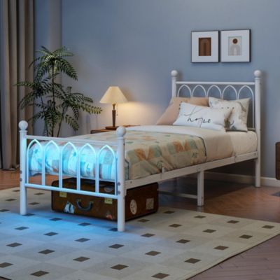 Cadre de lit métallique 90x200 cm avec tête de lit, LED, USB et rangement sous lit - Blanc