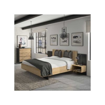 Cadre + Tête de lit avec coussins 140x190 + Chevets Chêne/Noir - FIP
