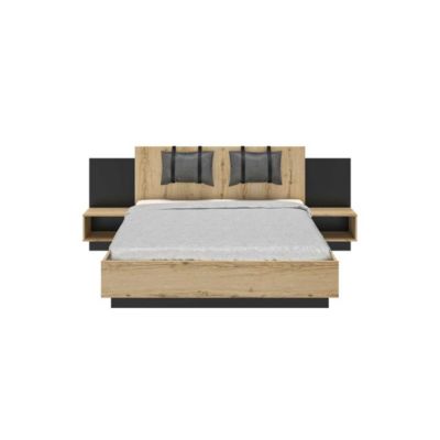 Cadre + Tête de lit avec coussins 140x190 + Chevets Chêne/Noir - FIP