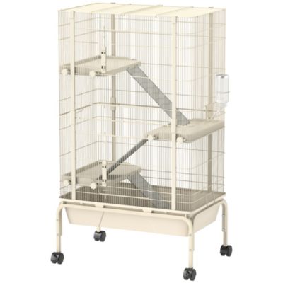 Cage mobile hamster rongeur furet 4 niveaux - 2 portes 3 rampes bac profond roulettes gamelle biberon - 69 x 44 x 120 cm - beige