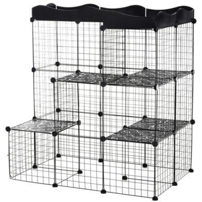 Cage parc enclos chat modulable L105 x l70 x H105 cm 3 niv. 2 portes rampe plateformes PE motif graphique fil métallique noir