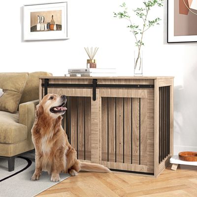 Cage pour chien 98 cm en acier et bois décor noyer avec porte coulissante
