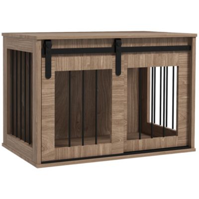 Cage pour chien animaux style industriel - porte coulissante verrouillable - acier noir aspect bois naturel