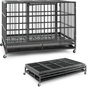 Cage pour Chien Pliable en Métal avec Roues Verrouillables Cage avec Double Portes Verrouillables Plateau Amovible