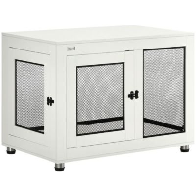 Cage pour chien sur pied style industriel - 2 portes verrouillables, coussin inclus - acier maillé noir panneaux aspect bois blanc