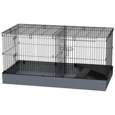 Cage pour cochon d'inde avec séparation 2 zones - plateforme observation, rampe, portes - acier noir PVC tissu gris