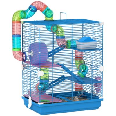 Cage pour hamster souris rongeur 4 étages avec tunnels mangeoire roue maison échelles dim. 46L x 30l x 58H cm bleu