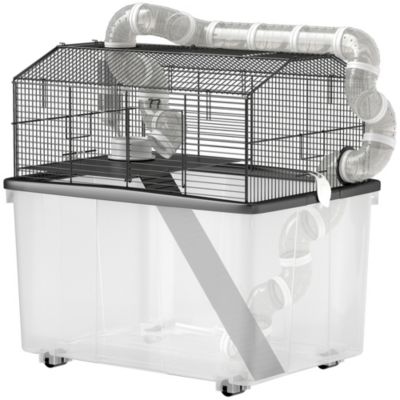 Cage pour hamster sur roulettes - cage à rongeur 2 portes - accessoires multiples - acier noir PP transparent