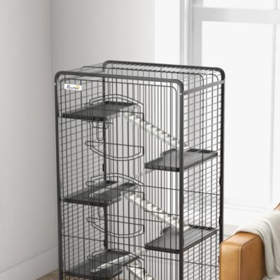 Cage pour petits animaux roulante 5 rampes 5 plateformes gamelle distributeur eau plateau amovible métal PP noir