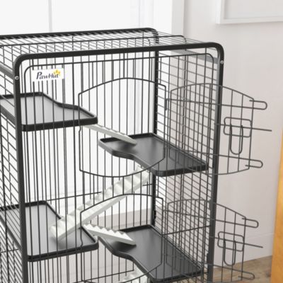 Cage pour petits animaux roulante 5 rampes 5 plateformes gamelle distributeur eau plateau amovible métal PP noir