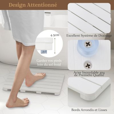 Caillebotis de Douche Antidérapant Tapis de Bain Douche en Bambou Tapis de Sol à Lattes Blanc