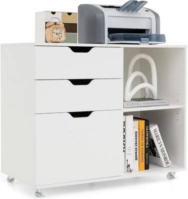 Caisson Bureau à roulettes en Bois 3 Tiroirs Étagère Ouverte Réglable Support Imprimante Roulant Blanc