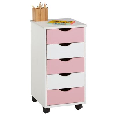 Caisson de bureau LAGOS meuble de rangement sur roulettes avec 5 tiroirs, en pin massif lasuré blanc et rose