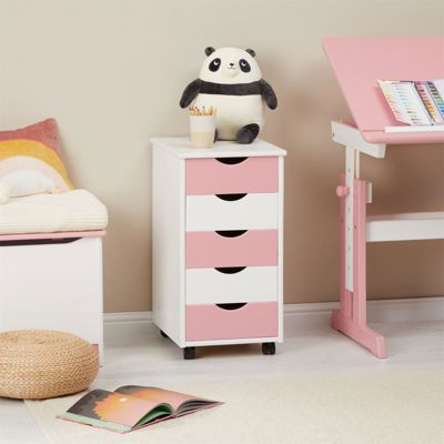 Caisson de bureau LAGOS meuble de rangement sur roulettes avec 5 tiroirs, en pin massif lasuré blanc et rose