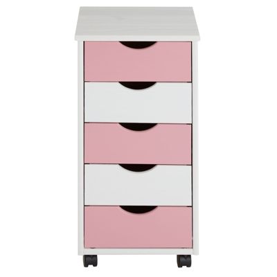 Caisson de bureau LAGOS meuble de rangement sur roulettes avec 5 tiroirs, en pin massif lasuré blanc et rose