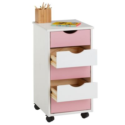 Caisson de bureau LAGOS meuble de rangement sur roulettes avec 5 tiroirs, en pin massif lasuré blanc et rose