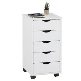 Caisson de bureau LAGOS meuble de rangement sur roulettes avec 5 tiroirs, en pin massif lasuré blanc