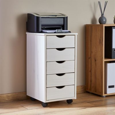 Caisson de bureau LAGOS meuble de rangement sur roulettes avec 5 tiroirs, en pin massif lasuré blanc