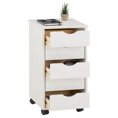 Caisson de bureau LAGOS meuble de rangement sur roulettes avec 5 tiroirs, en pin massif lasuré blanc