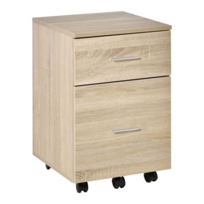 Caisson de bureau rangement bureau sur roulettes 2 tiroirs panneaux particules aspect bois chêne clair