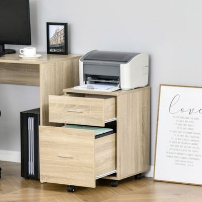 Caisson de bureau rangement bureau sur roulettes 2 tiroirs panneaux particules aspect bois chêne clair