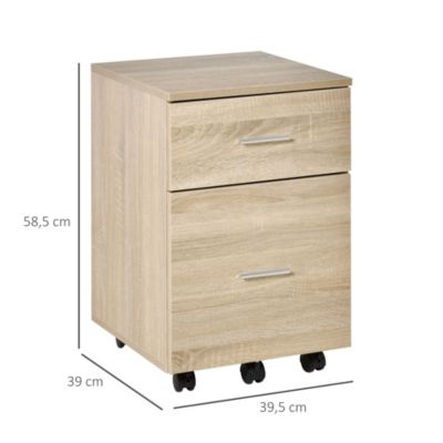 Caisson de bureau rangement bureau sur roulettes 2 tiroirs panneaux particules aspect bois chêne clair