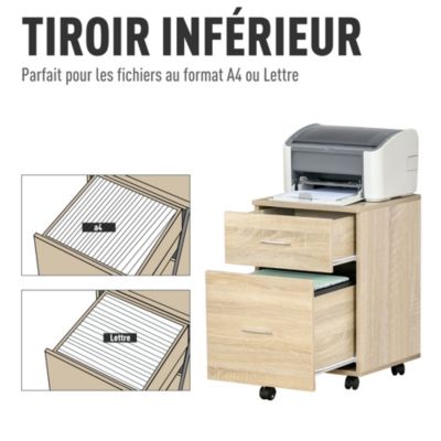 Caisson de bureau rangement bureau sur roulettes 2 tiroirs panneaux particules aspect bois chêne clair