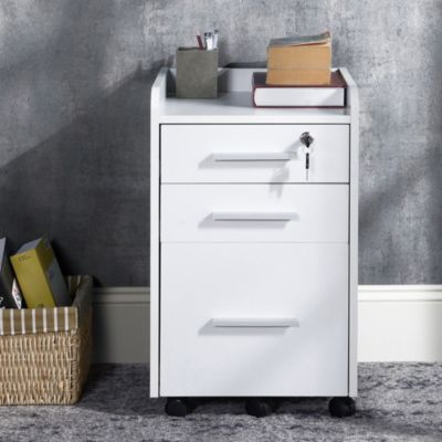 Caisson de bureau rangement bureau sur roulettes 3 tiroirs 1 verrouillable 1 trieur dossiers MDF panneaux blanc