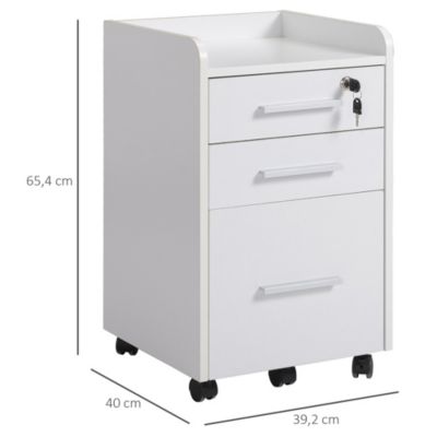 Caisson de bureau rangement bureau sur roulettes 3 tiroirs 1 verrouillable 1 trieur dossiers MDF panneaux blanc