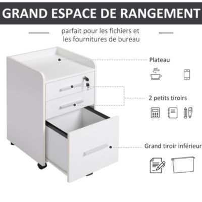 Caisson de bureau rangement bureau sur roulettes 3 tiroirs 1 verrouillable 1 trieur dossiers MDF panneaux blanc