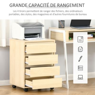 Caisson de bureau rangement bureau sur roulettes 4 tiroirs coulissants MDF aspect bois clair