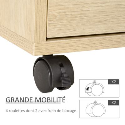 Caisson de bureau rangement bureau sur roulettes 4 tiroirs coulissants MDF aspect bois clair