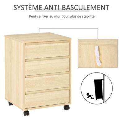 Caisson de bureau rangement bureau sur roulettes 4 tiroirs coulissants MDF aspect bois clair