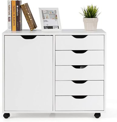 Caisson de Bureau à Roulettes avec 5 Tiroirs, Armoire de Rangement pour dossiers, documents, papiers, (Blanc, 78x39x65cm)
