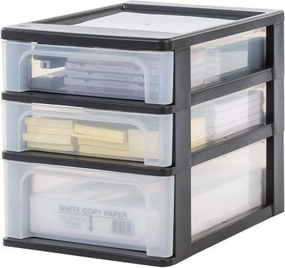 Caisson de rangement plastique recyclé A4,  3 Tiroirs Mix, Noir, OCH-2021, Iris Ohyama