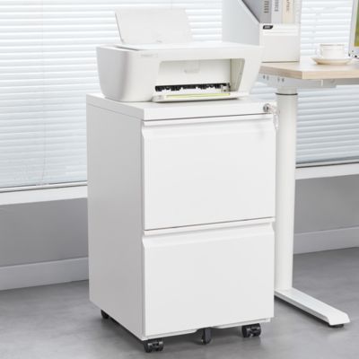 Caisson métallique mobile blanc 2 tiroirs serrurés, hauteur 65 cm, sous bureau, compatible documents Legal/Carta
