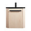 Caisson meuble sous vasque angle à suspendre Skino décor chêne + plan vasque en résine noir