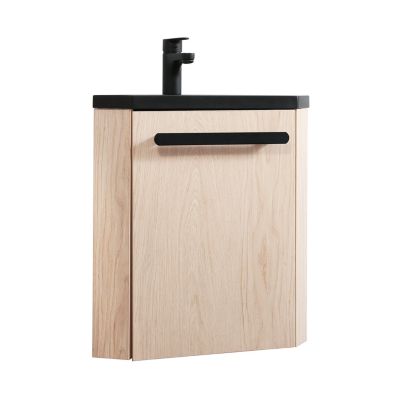 Caisson meuble sous vasque angle à suspendre Skino décor chêne + plan vasque en résine noir