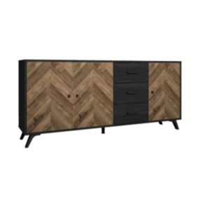 CALAX - Buffet 3 Portes 3 Tiroirs Effet Bois en Chevron et Noir