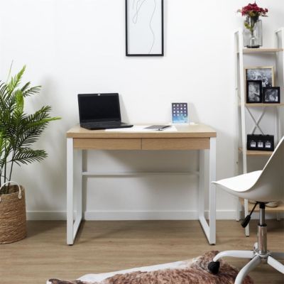 CALEB - Bureau Plateau Effet Bois et Piètement Blanc