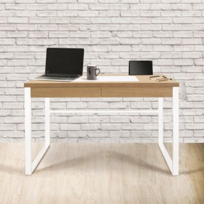 CALEB - Bureau Plateau Effet Bois et Piètement Blanc
