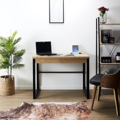 CALEB - Bureau Plateau Effet Bois et Piètement Noir