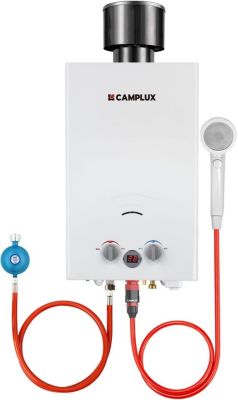 CAMPLUX BW264C-DE - Chauffe-eau gaz instantané extérieur 10L 20kW GPL 50mbar blanc avec housse anti-pluie
