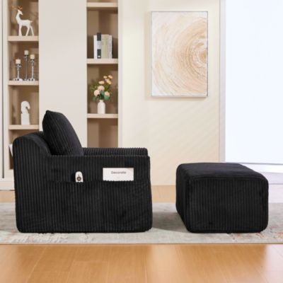 Canapé 1 place 147x110x67 cm avec repose-pieds intégré, velours côtelé noir, assise profonde, ressorts