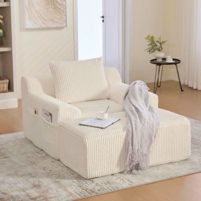 Canapé 1 place 147x110x67 cm convertible avec repose-pieds, poches latérales et revêtement en velours côtelé beige