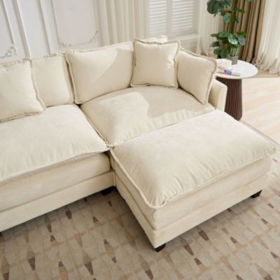 Canapé 1 place modulable (pouf) en chenille beige, assise double couche confortable, style contemporain