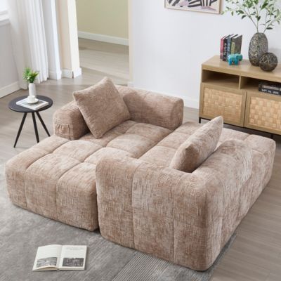 Canapé 2 places 158x90x60 cm avec chaise longue en chenille kaki, assise moelleuse et poches latérales pratiques