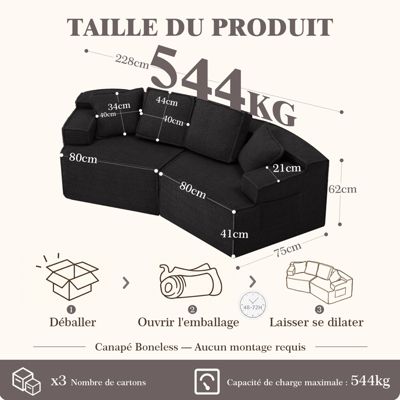 Canapé 2 places, 228 x 75 x 62 cm, canapé-lit modulaire avec poche de rangement, sans montage requis