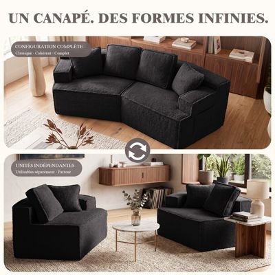 Canapé 2 places, 228 x 75 x 62 cm, canapé-lit modulaire avec poche de rangement, sans montage requis